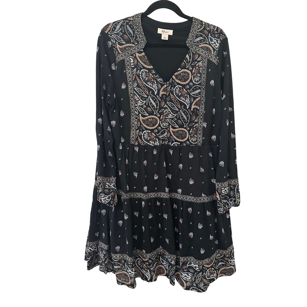 Style & Co Womens Black Paisley Boho Mini Dress Size L Western Hippie